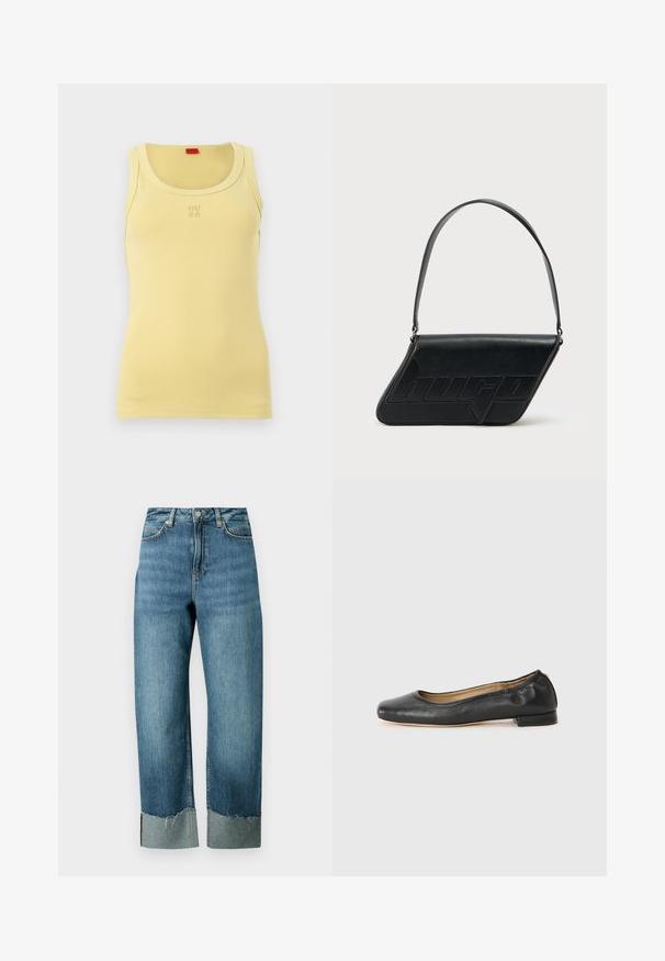 Débardeur côtelé jaune sans manches avec encolure dégagée et petit logo embossé "HUGO" centré sur la poitrine.; Jean en denim bleu clair avec une coupe ample et droite. Caractérisé par un ourlet effiloché et un détail de revers contrastant. Conception à cinq poches avec fermeture par bouton.; Ballerines en cuir noir avec un bout arrondi et des coutures minimales. Talon bas et rectangulaire avec une texture lisse. Détails subtils de doublure intérieure.; Sac d'épaule en cuir noir de forme triangulaire, avec un logo embossé et une seule bandoulière réglable. Design minimaliste avec une texture lisse.