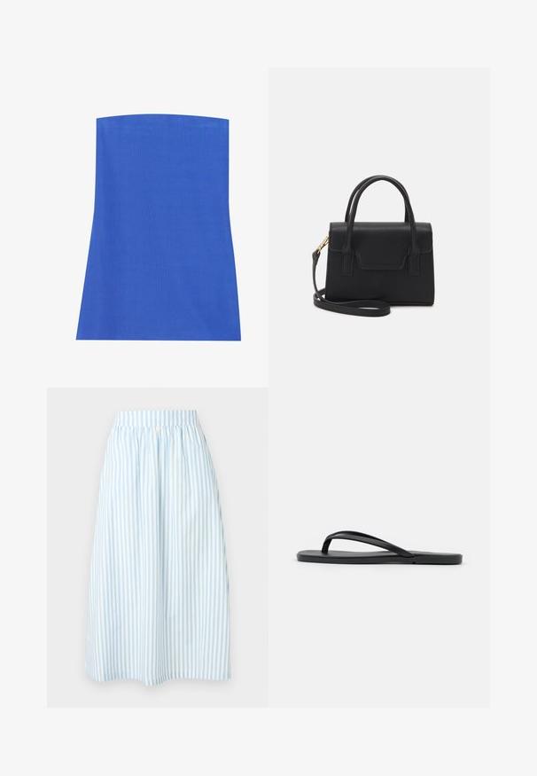 Vestido midi azul de canalé con una silueta recta, que presenta un escote amplio y una textura suave en toda la tela.; Falda midi de rayas verticales azul claro y blanco con cinturilla fruncida y corte suelto y fluido.; Chanclas negras con un diseño minimalista, suela plana, tiras estrechas y una textura suave. Sin patrones ni acentos adicionales.; Bolso estructurado negro de cuero con un asa superior, correa de hombro desmontable y un detalle de tapa en la parte frontal. Acentos en dorado.