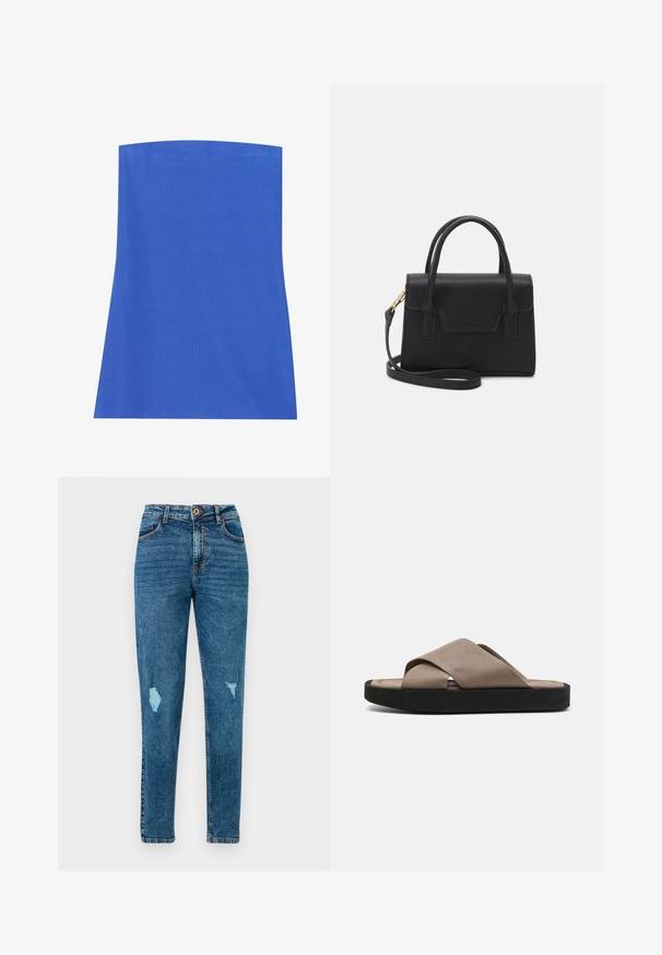 Blaues, geribbeltes Midikleid mit gerader Silhouette, das einen weit geschnittenen Ausschnitt und eine glatte Textur im gesamten Stoff aufweist.; Blaue Skinny-Jeans mit hoher Taille und Used-Details an Oberschenkeln und Taschen, mit Knopf- und Reißverschluss.; Braune Leder-Sandalen zum Hineinschlüpfen mit einem Kreuzgurt-Design und einer strukturierten Oberseite. Die schwarze Gummisohle sorgt für Kontrast und Haltbarkeit.; Schwarze strukturierte Handtasche aus Leder mit einem oberen Tragegriff, abnehmbarem Schulterriemen und einer Klappe auf der Vorderseite. Akzente in Goldmetall.