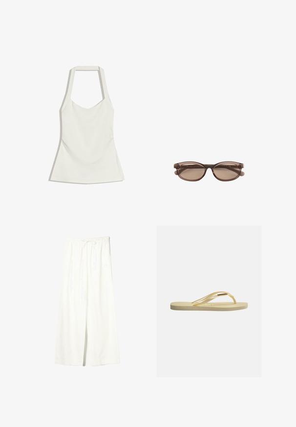 Haut blanc à col licou avec un corsage ajusté et une légère évasement à la taille, réalisé dans un tissu lisse.; Pantalon en lin blanc à jambes larges avec taille élastique et cordon de serrage, doté de poches latérales et d'une fente à l'avant.; Tongs beige unique avec semelle texturée et fines brides, arborant un petit logo de marque doré sur la bride.; Lunettes de soleil ovales translucides marron avec verres teintés et branches fines sur fond blanc.