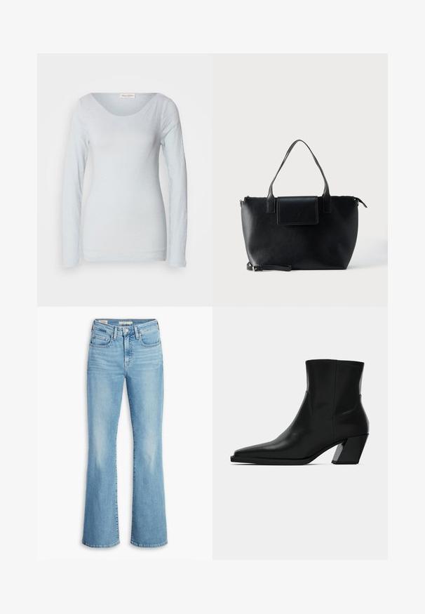 Langærmet lyseblå bluse lavet af blødt stof med rund halsudskæring, der har en jævn tekstur og en tætsiddende silhuet.; Lyseblå flared jeans i denim med høj talje, fem lommer, diskret falming og en klassisk syet kant. Glat tekstur, afslappet design.; Sortlæder ankelstøvle med spids tå, en slank silhuet og en kraftig firkantet hæl. Glat tekstur med minimale stikninger.; Sort lædertaske med to håndtag, en aftagelig rem, magnetisk flaplukning og en glat overflade. Lynlåslukning øverst og dekorative syninger.