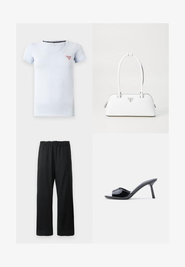 Lyseblå kortærmet V-hals t-shirt med et lille rødt og hvidt trekantet Guess-logo på venstre side af brystet.; Sorte bukser med bred ben-design, elastisk talje med snørrebånd og glat, letvægtsstof. Inkluderer sidelommer.; Sorte laklæder sandaletter med åben tå, der har et buet overdesign og en spids stilethæl. Glat, blank finish.; Hvid lædertaske med en buet form, der har et sølvtrapezlogo og lynlåslukning. Glat tekstur og dobbelthåndtag.