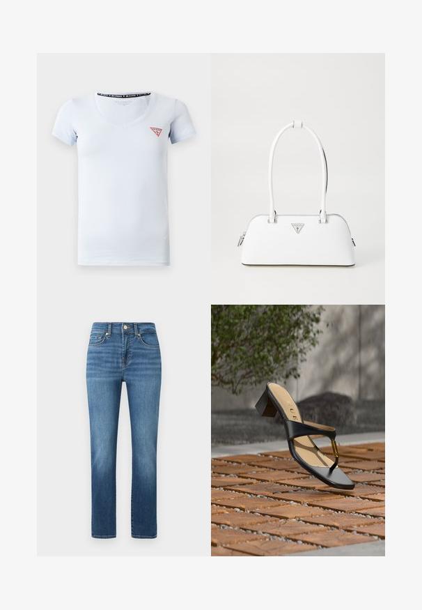 Lyseblå kortærmet V-hals t-shirt med et lille rødt og hvidt trekantet Guess-logo på venstre side af brystet.; Mellemblå jeans med lige ben design, med knaplukning, fem lommer og let falmede mønstre på stoffet.; Sort hælsandal med tå-loop og gyldent accent, placeret på en træ- og stenbelagt overflade udendørs nær grønne områder.; Hvid lædertaske med en buet form, der har et sølvtrapezlogo og lynlåslukning. Glat tekstur og dobbelthåndtag.