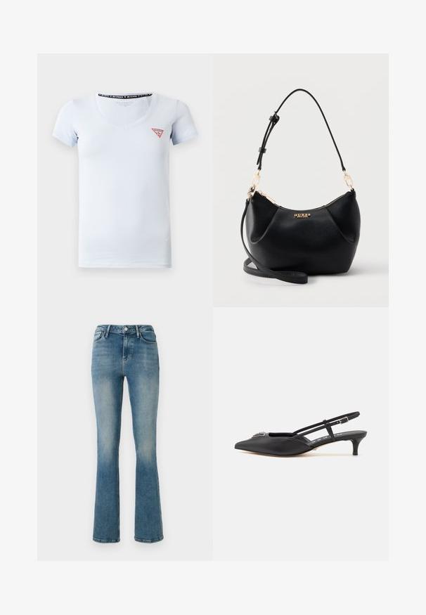 Lyseblå kortærmet V-hals t-shirt med et lille rødt og hvidt trekantet Guess-logo på venstre side af brystet.; Lys blå denim flared jeans med fem lommer, høj talje og sy detaljer. Stoffet viser en let falmet vask og en glat tekstur.; Sorte slingback-sko med spids tå, lavet af glat materiale, med en lille hæl og en dekorativ sølvaccent på vamps.; Sort tekstureret læder skuldertaske med guldfarvet lynlås, justerbar rem og guld "GUESS" logo foran i midten.