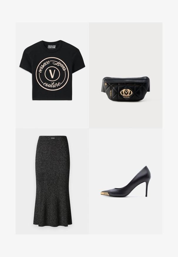 Schwarzes Baumwoll-T-Shirt mit einem großen beigen runden Logo, das "Versace Jeans Couture" und ein zentrales "V" in einer eleganten Schriftart zeigt. Mit kurzen Ärmeln.; Schwarzer, gerippter Midirock aus einem dehnbaren Stoff, mit ausgestelltem Saum, subtiler glänzender Oberfläche und elastischem Bund, ausgestattet mit einem Logoakzent nahe der Oberkante.; Schwarzer Leder-Pumps mit hohem Absatz und spitzer Zehenpartie, goldene Metallspitze mit Gravur "Versace Jeans Couture", seitliche Ansicht vor weißem Hintergrund.; Schwarze gesteppt Leder-Gürteltasche mit goldener Love Moschino Logo-Plakette und vorderer Reißverschlusstasche auf weißem Hintergrund.