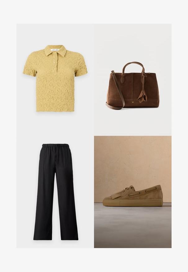 Polo amarillo con textura, manga corta, cuello y cuatro botones en la tapeta, colocado plano sobre un fondo blanco.; Pantalones de pierna ancha negros, elaborados con un tejido ligero, que cuentan con una cinturilla elástica con cordón y una textura suave.; Zapatilla de gamuza beige con suela de goma, diseño de cordones y un adorno de flecos en la parte delantera. Flotando sobre una superficie beige texturizada.; Bolso de mano de ante marrón con dos asas, una correa de hombro desmontable y borlas decorativas de ante, mostrado sobre un fondo liso.