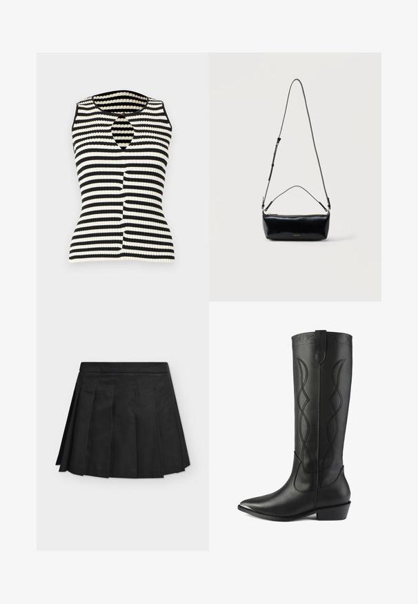 Haut sans manches en tricot côtelé avec des rayures horizontales noires et blanches, un col rond et une petite découpe en forme de goutte avec une fermeture à bouton.; Mini-jupe noire plissée avec large ceinture, plis plats uniformément espacés, présentée à plat sur un fond gris clair.; Des bottes noires en cuir hautes présentent un bout pointu, un talon carré et des coutures décoratives avec des lignes entrelacées le long de la tige.; Sac bandoulière rectangulaire en cuir noir avec bandoulière ajustable, fermeture éclair sur le dessus et petit logo Calvin Klein doré sur le devant.