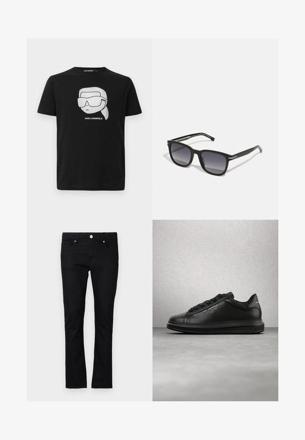 Sort bomulds t-shirt med en hvid grafik af en stiliseret karakter iført store solbriller, med teksten "KARL LAGERFELD" under billedet.; Sorte denim jeans med slim fit, lige ben design, fem-lomme stil og metal knap lukning, med minimale syninger.; Person iført sorte Karl Lagerfeld sneakers med sorte bukser, stående på et trægulv mod en hvid panelvæg.; BOSS Solbriller - black