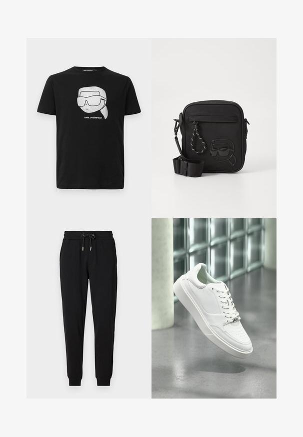 Musthave must alusriga T-särk, millel on valge graafika stiliseeritud tegelasest, kellel on suured prillid, ja allpool pilt on tekst "KARL LAGERFELD".; Mustad mustad püksid elastse vöökoht ja reguleeritava nööriga, küljetaskud ja kitsenevad sääred. Valmistatud pehmest ja venivast kangast.; Valge nahast vabaajajalanõu ümara ninaga, paeltega ees ja tasase kummitaldaga. Omaduseks on perforatsioonid ja peen logo.; Must musträk, mis on valmistatud tekstureeritud materjalist, esipocketi ja ülestöötatud disainiga nägu prillides. Reguleeritav rihm kuulus.