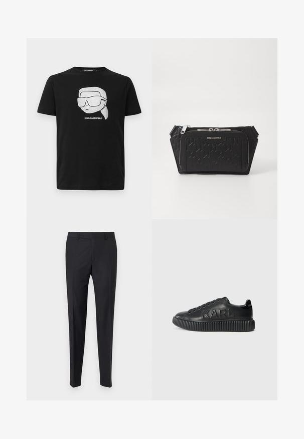 Musthave must alusriga T-särk, millel on valge graafika stiliseeritud tegelasest, kellel on suured prillid, ja allpool pilt on tekst "KARL LAGERFELD".; Mustad mustad püksid, mis on hoolikalt lõigatud, tasasel ees, volditud jalgadega; valmistatud siledast kangast, vöökohtadega ja tõmblukuga.; Mustad must sneaker, mille pehme nahaga, paksu sooniku põhja ja reljeefse kaubamärgiga. Klassikaline paelaga sulgemisdisain ümmarguste silmadega.; Must musta käekott, millel on tekstuuriga geomeetriline muster, varustatud lukuga tasku ja hõbedased detailid. Kompaktne ja nurkadega disain.
