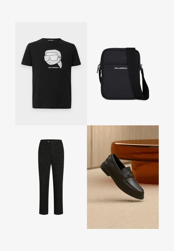 Sort bomulds t-shirt med en hvid grafik af en stiliseret karakter iført store solbriller, med teksten "KARL LAGERFELD" under billedet.; Sorte skræddersyede bukser med et tekstureret mønster af tynde hvide lodrette linjer, en lige pasform og en knaplukning i taljen.; Sort lædersko uden snørebånd med syede detaljer, forhøjet hælkappe og flad gummisål, placeret over en blød beige overflade.; Sort rektangulær skuldertaske med justerbar rem, frontlomme og "KARL LAGERFELD" logo i hvid tekst.