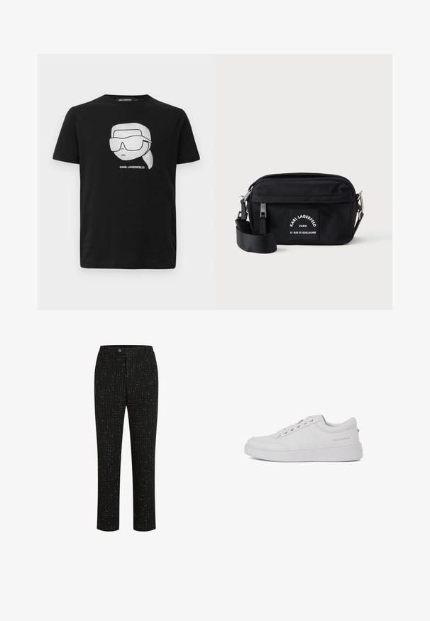 Schwarzes Baumwoll-T-Shirt mit einem weißen Grafikdesign eines stilisierten Charakters, der große Sonnenbrillen trägt, und dem Text "KARL LAGERFELD" unter dem Bild.; Schwarze maßgeschneiderte Hose mit einem strukturierten Muster aus dünnen weißen vertikalen Linien, geradem Schnitt und einem Knopfverschluss an der Taille.; Weiße Leder-Sneaker mit klassischem Low-Top-Design, flacher Sohle und dezentem Markenlogo an der Ferse. Verfügt über fünf Metallösen für die Schnürsenkel.; Schwarze Nylon-Crossbody-Tasche mit Reißverschluss, verstellbarem Gürtel und einem weißen Marken-Patch mit "Karl Lagerfeld Paris". Kompaktes Design.