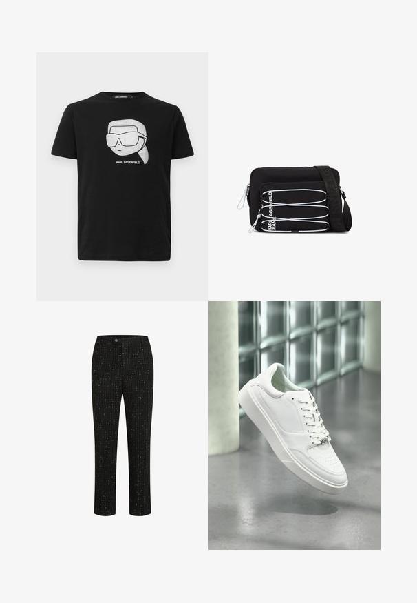 Schwarzes Baumwoll-T-Shirt mit einem weißen Grafikdesign eines stilisierten Charakters, der große Sonnenbrillen trägt, und dem Text "KARL LAGERFELD" unter dem Bild.; Schwarze maßgeschneiderte Hose mit einem strukturierten Muster aus dünnen weißen vertikalen Linien, geradem Schnitt und einem Knopfverschluss an der Taille.; Weißer Ledersneaker mit abgerundeter Spitze, Schnürverschluss und flacher Gummisohle. Verfügt über perforierte Details und dezentes Logo-Akzent.; Schwarze Umhängetasche mit weißen elastischen Bändern auf der Vordertasche und verstellbarem Riemen mit eingeprägtem Schriftzug "JEANS".