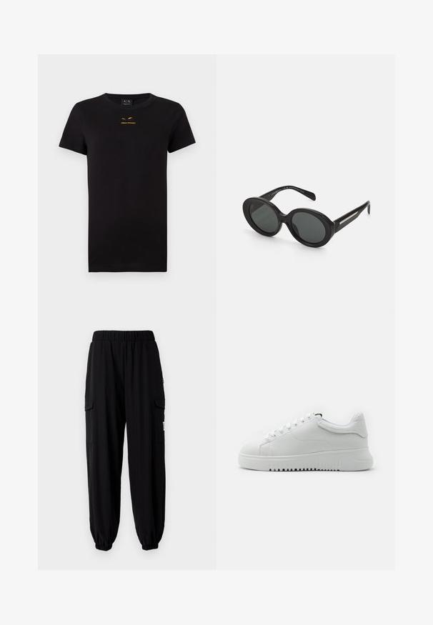 Camiseta negra de manga corta hecha de algodón. Presenta un logo dorado impreso en el pecho. Diseño clásico de cuello redondo. Textura suave.; Pantalones jogger negros hechos de tejido ligero, con cintura elástica, bolsillos laterales y puños elásticos en los tobillos.; Zapatillas blancas con un upper de cuero texturizado, punta redonda y diseño de cordones. Suela de goma blanca gruesa con un patrón de agarre texturizado.; Emporio Armani Gafas de sol - shiny black