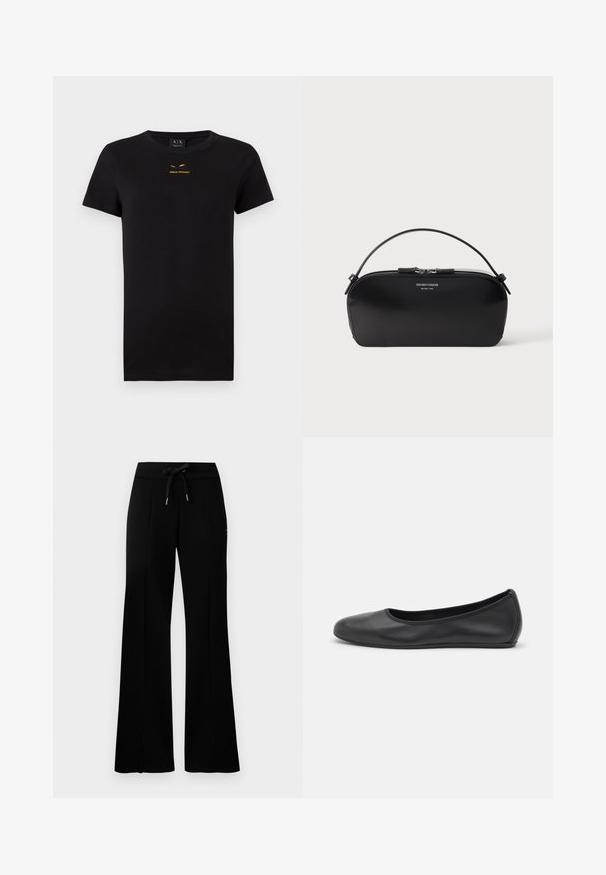 Sort kortærmet T-shirt lavet af bomuld. Har et trykt guldlogo på brystet. Klassisk runde hals design. Blød tekstur.; Sorte brede sweatpants med en yndlingssnor i taljen, sidelommer, blødt stof og et elegant design.; Sort læderballetsko med rund tå, glat tekstur, minimal syning og et fleksibelt såldesign.; Sort læderhåndledstaske med sølv lynlås og kort hank, prægede Emporio Armani Milano 1981-logo foran.