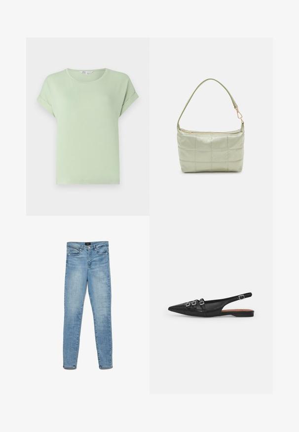 Lichtgroene T-shirt gemaakt van zachte stof, met een ronde halslijn en opgerolde korte mouwen. Eenvoudige, relaxte pasvorm zonder patronen of accenten.; Lichtblauwe vervaagde skinny jeans met een knoopsluiting aan de voorkant en vijf zakken, plat gelegd op een witte achtergrond.; Zwarte leren slingback ballerina met spitse neus, voorzien van twee horizontale bandjes en vierkante zilveren gespen, lage hak en een gladde textuur.; Gewatteerde groene schoudertas met een zachte textuur, rechthoekige vorm, enkele schouderriem en een ritsluiting in goudkleur. Voorzien van een gewatteerd patroon.