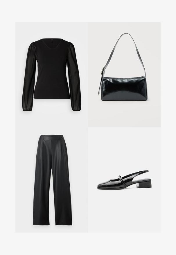 Top ajustado negro con escote en V, mangas abullonadas de malla negra transparente y textura suave; presenta detalles fruncidos en los dobladillos de las mangas.; Pantalones anchos de cuero sintético negro con cintura alta, detalles de botones en la cintura y pliegues delanteros.; Zapato slingback de charol negro con tacón bajo y grueso y una fina correa con hebilla de plata en la parte superior.; Bolso de hombro rectangular negro con una correa ajustable y un cierre de cremallera superior sobre un fondo liso.