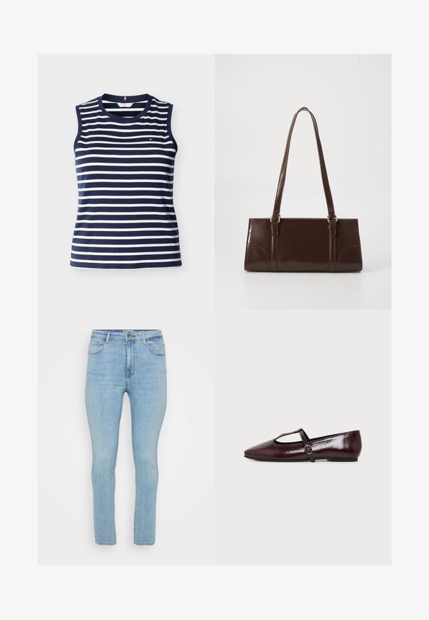 Ærmeløs navyblå og hvide vandrette stribet top med rund hals og lille logo på venstre brystområde.; Lyseblå denimjeans med slim fit, der har fem lommer, bæltestropper og en standard lynlås med knaplukning.; Mørk burgunderfarvet flad lædersko med spids tå og en tynd T-rem med en sølvspænde på en hvid baggrund.; Brun lakeret håndtaske med rektangulær form, to lange håndtag og subtile buede detaljer på fronten.