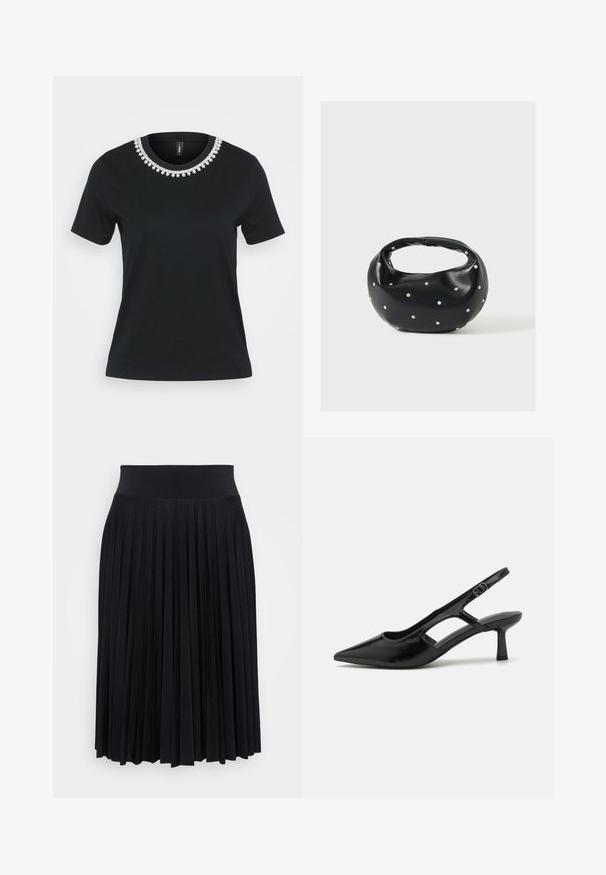 Camiseta de algodón negra con mangas cortas y escote redondo. Presenta un diseño decorativo de cuentas en el cuello, la superficie es suave.; Falda negra plisada con una cinturilla ancha, hecha de un material suave. Presenta pliegues verticales para añadir textura y fluidez.; Tacones de slingback negros con punta afilada, hechos de material brillante, que presentan acentos recortados y un tacón moderado para mayor soporte.; Bolso de mano de cuero negro con forma redondeada, decorado con detalles de tachuelas plateadas y un asa corta. Textura lisa y cierre con cremallera.