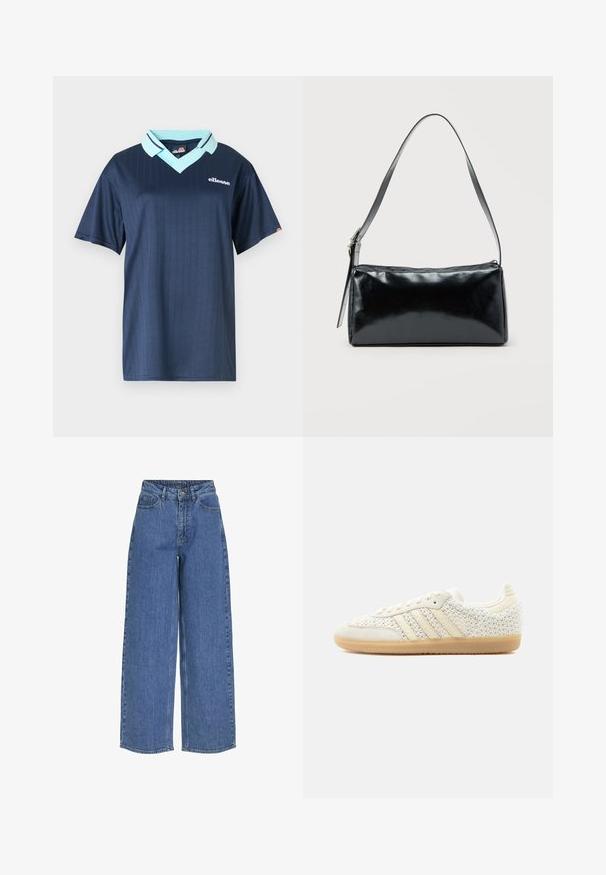 Mørkeblå kortærmet polo skjorte med lys blå krave og lodret stribemønster. Har et hvidt brandlogo på brystet.; Bredde ben blå jeans med høj talje, lavet af denimstof. Egenskaber inkluderer frontlommer og knaplukning. Klassisk afslappet design.; Hvid lavtop-sneaker med tekstureret vævet stof, beige læderstriber og gummisål, vist fra ydersiden mod en ensfarvet baggrund.; Sort rektangulær skuldertaske med en enkelt justerbar rem og lynlås i toppen på en ensfarvet baggrund.