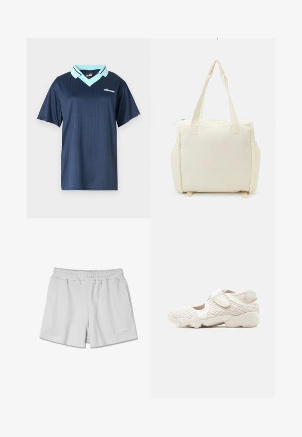 Polo de manga corta azul marino con cuello azul claro y patrón de rayas verticales. Cuenta con un logo de la marca en blanco en el pecho.; Pantalones cortos de canalé gris claro con una cinturilla elástica, que presentan dos bolsillos laterales y un pequeño logo blanco en la parte inferior derecha.; Zapatilla Nike de color beige claro con parte superior de malla, correas de velcro, suela acolchada y lados recortados, diseñada para la comodidad y transpirabilidad.; Bolso tote de color crema con textura acolchada suave y dos asas resistentes. Cuenta con un cierre de cremallera y bolsillos laterales para almacenamiento adicional.
