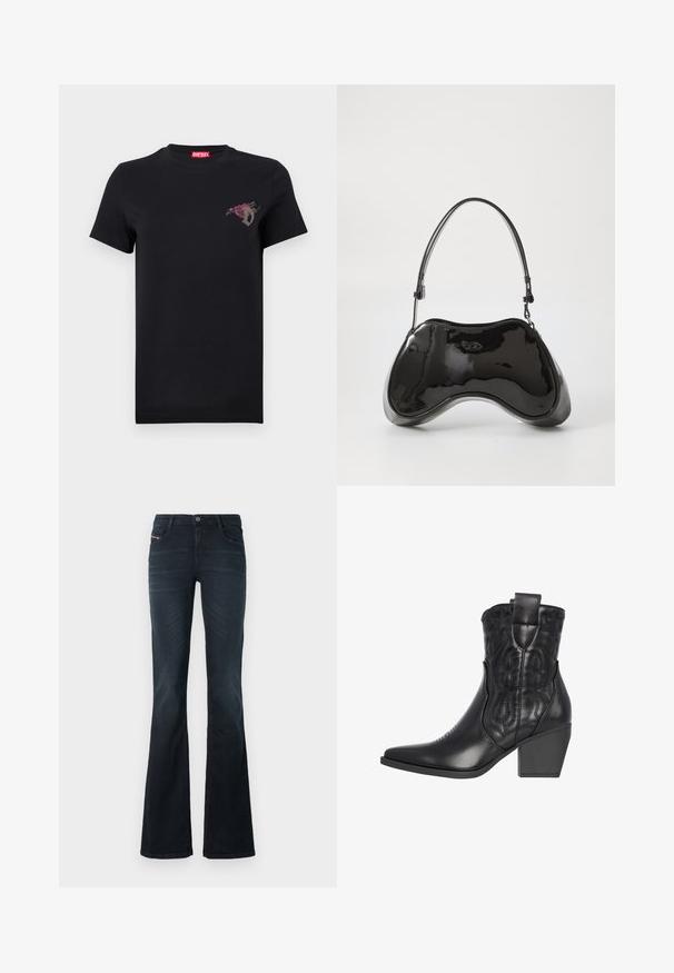 Sort T-shirt med korte ærmer med lille rød rose og gråt bogstav "D" design på venstre bryst, rød Diesel mærkelabel inde i kraven.; Flared jeans i mørk denim med en glat tekstur, fem-lomme design og en knaplukning i taljen. Har subtile syningsdetaljer.; Sort læder cowboystøvle med spidse tæer, præget stjerne og blomsterdesign, samt en kraftig hæl for stabilitet. Har trækhank for nem påklædning.; Sort patentlæder håndtaske med en unik buet form, kort justerbar hank og en lynlåslukning i toppen. Glat tekstur med diskret branding.