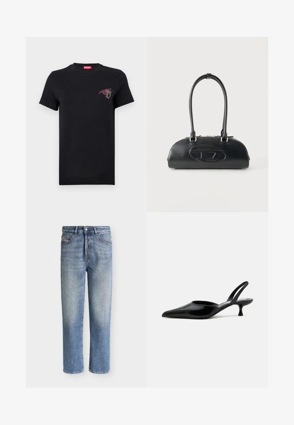 T-shirt noir à manches courtes avec un petit motif de rose rouge et la lettre "D" grise sur le côté gauche de la poitrine, étiquette de marque Diesel rouge à l'intérieur du col.; Jean denim bleu délavé à jambes droites avec fermeture par bouton et zip, poches avant et poche monnaie, présenté sur un fond clair uni.; Chaussure slingback à talon kitten en cuir verni noir avec bout pointu et talon bas incurvé sur fond clair uni.; Sac à main en cuir noir avec longues poignées doubles et logo ovale embossé sur le devant, présenté sur un fond clair uni.