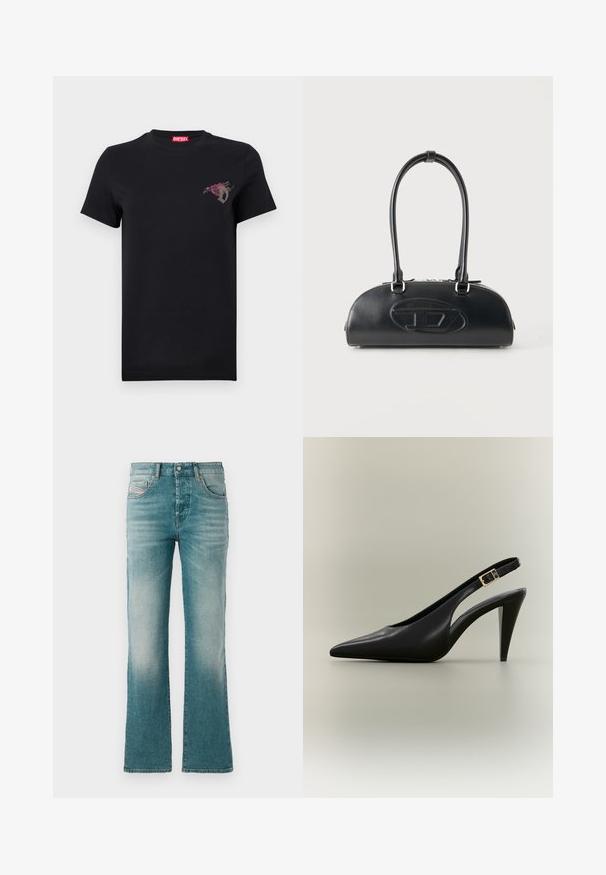 Sort T-shirt med korte ærmer med lille rød rose og gråt bogstav "D" design på venstre bryst, rød Diesel mærkelabel inde i kraven.; Lysblå denim jeans med en flagrende ben design, der har forlommer og en falmet vask for et slidt udseende.; Sort læder slingback med spids tå, høj hæl, guldlås og tilspidset hæl på en neutral baggrund.; Sort læderhåndtaske med lange dobbelte håndtag og præget ovalt logo foran, vist mod en ensartet lys baggrund.