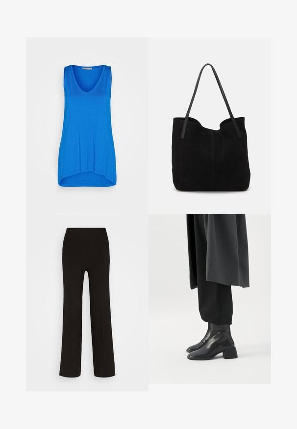 Anna Field by Zalando Top - blue; Čierne, široké nohavice vyrobené z hladkého materiálu s priliehavým vysokým pásom a bez viditeľného kovania alebo vzorov.; Čierne kožené členkové čižmy s nízkymi blokovými podpätkami nosené s čiernymi nohavicami a tmavosivým dlhým kabátom.; Čierna semišová taška cez rameno s dvomi dlhými, plochými koženými popruhmi. Obsahuje zakrivený horný okraj a viditeľné stehy po prednej strane. Bez kovových akcentov.