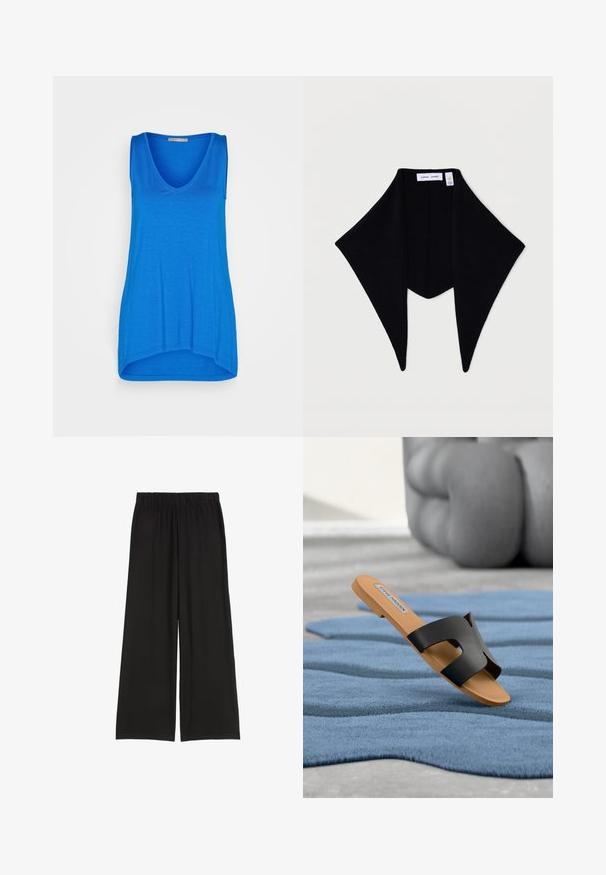 Anna Field Débardeur - blue; Pantalons larges noirs avec une taille élastique. Fabriqués en tissu doux, avec une texture lisse et sans motifs visibles ni quincaillerie.; Sandale noire plate à bride fendue, montée sur une semelle beige. Matière en caoutchouc texturé, présentée sur une surface de tapis bleu.; Écharpe en laine noire avec un motif triangulaire, présentant une texture douce et des extrémités pointues. Comprend des étiquettes de marque à l'intérieur.