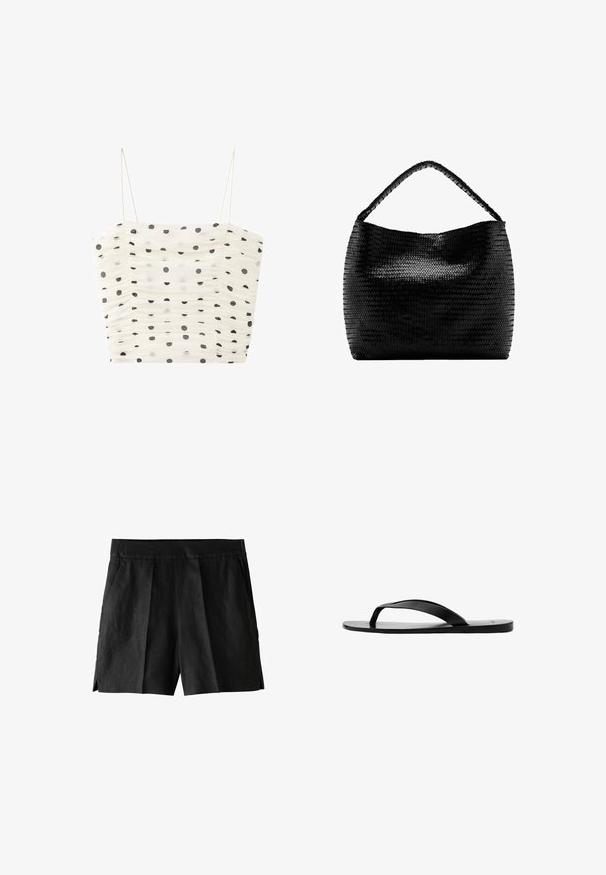 Hvid rynket crop top med tynde stropper og sort polkaprikket mønster jævnt fordelt over stoffet.; Sorte linnedrenge med plisseret front, sidelommer og en afslappet pasform. Stoffet har en glat tekstur og et afslappet design.; Sort flad flip-flop sandal med tynd Y-formet rem og glat sål, vist fra siden på hvid baggrund.; Sort vævet håndtaske med et enkelt flettet håndtag og en bred, blød rektangulær krop mod en hvid baggrund.