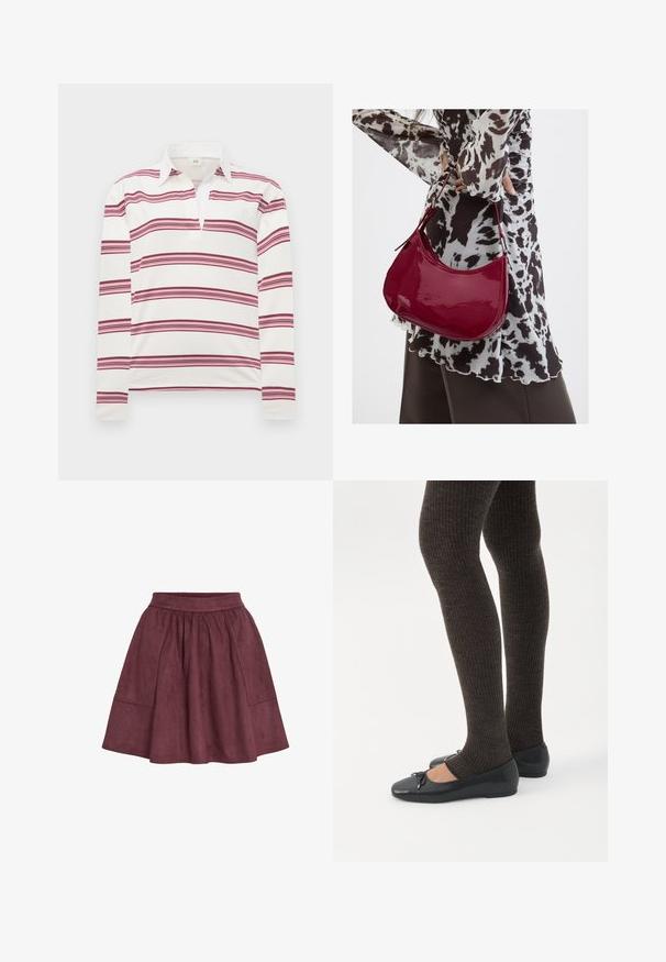Langarm polo-shirt in het wit met horizontale bordeauxrode en roze strepen, met een contrasterende kraag en een knoopsluiting voor een open halslijn.; Bordeaux suède rok met een flared vorm, elastische tailleband en twee zijzakken, met een zachte textuur en minimalistisch ontwerp.; Benen met donkere geribbelde leggings gecombineerd met zwarte ballerina's met kleine strikdetails op een witte achtergrond.; Vrouw met een zwart-wit gebloemde blouse houdt een glanzende rode schoudertas vast tegen een effen achtergrond.