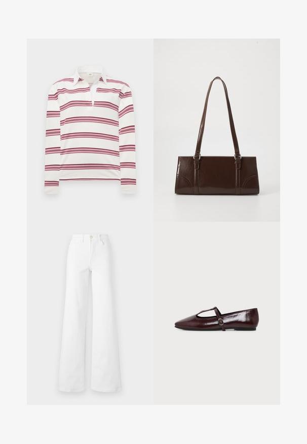 Polo à manches longues en blanc avec des rayures horizontales bordeaux et roses, présentant un col contrasté et un plastron pour un décolleté dégagé.; Jean large blanc en denim avec une taille haute, comportant des poches avant, des passants de ceinture et une fermeture à bouton. Texture lisse, sans motifs.; Chaussure plate en cuir bordeaux foncé avec un bout pointu et une fine bride en T avec une boucle argentée sur fond blanc.; Sac à main en cuir verni marron de forme rectangulaire, avec deux longues poignées et des accents courbés subtils à l'avant.