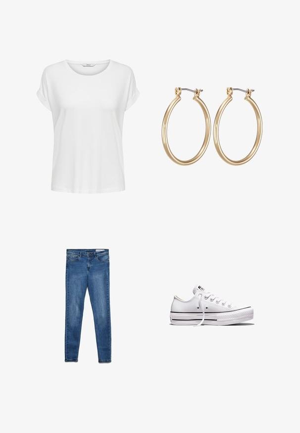 Camiseta blanca de manga corta hecha de algodón suave. Presenta un cuello redondo y puños enrollados. Diseño simple sin patrones ni acentos.; Vaqueros de mezclilla azul oscuro con un ajuste clásico skinny. Incluyen cinco bolsillos, cremallera y un sutil efecto de desgaste para dar textura.; Zapatilla blanca de lona de corte bajo con cordones blancos, suela de goma, detalles de rayas negras y parche de logo en la lengüeta y el talón.; Pendientes de aro de metal en tono dorado con un diseño circular y suave, y un cierre de bisagra seguro. Ligeros y con un acabado pulido.