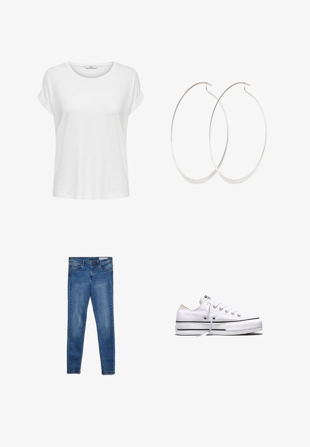 Hvid kortærmet t-shirt lavet af blød bomuld. Har en rund halsudskæring og rullede ærmer. Enkel design uden mønstre eller accenter.; Mørkeblå denimjeans med en klassisk skinny pasform. Indeholder fem lommer, lynlås og diskret falmning for tekstur.; Hvid lavtop lærredssneakers med hvide snørebånd, sorte striber på sålen og gummieret tekstureret tåhætte, sidevendt på hvid baggrund.; Sølv hoops øreringe med et tyndt, glat design; langstrakt oval form; poleret finish; har en sikker krog lukning.