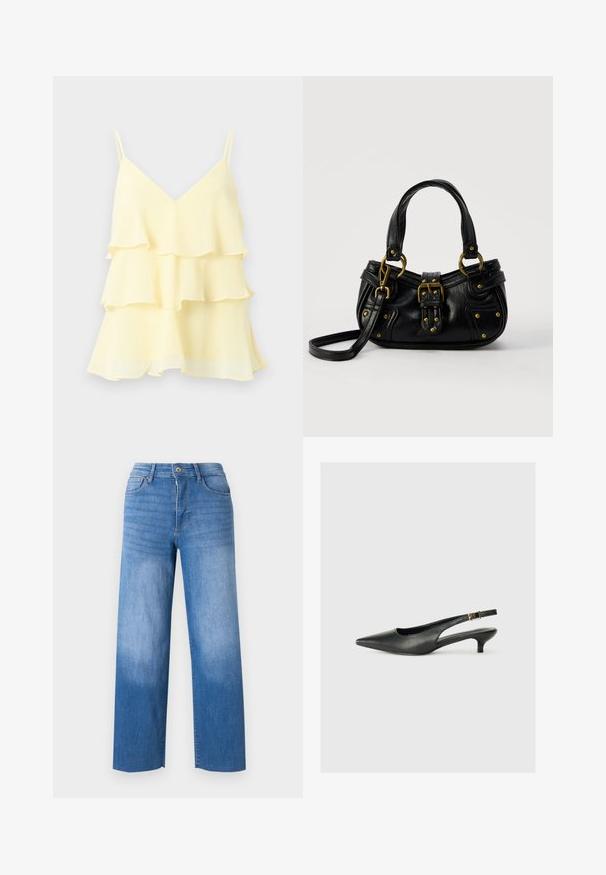 Haut sans manches jaune clair à col en V avec trois volants superposés et fines bretelles sur un fond uni.; Jean en denim bleu clair à jambe large, avec cinq poches, un zip sur le devant et un léger délavage sur les cuisses. Finitions propres.; Chaussure slingback noire à bout pointu en cuir lisse. Présente un talon fin et un détail de boucle sur la sangle réglable.; Sac à main en cuir noir avec boucle dorée et détails à rivets, poignées courtes et bandoulière réglable sur fond blanc uni.