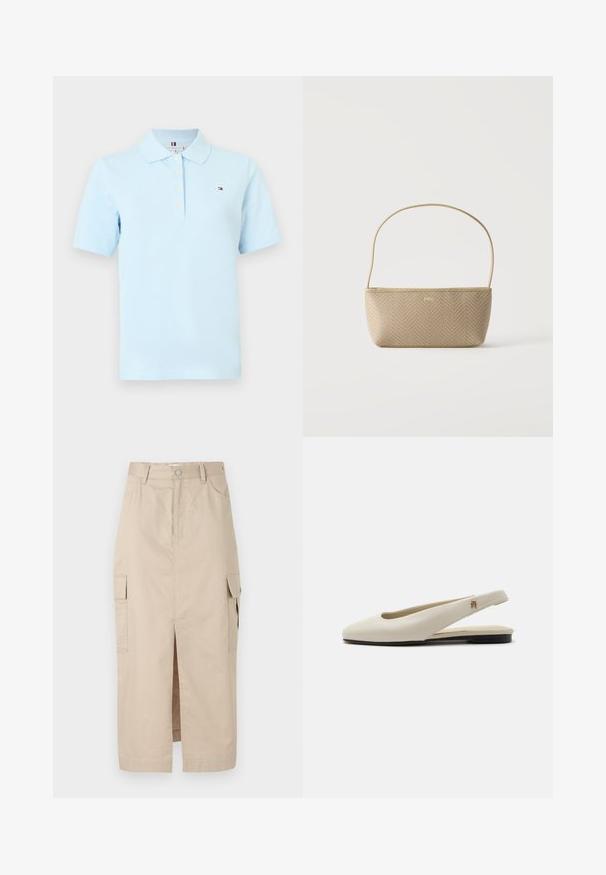 Lichtblauw poloshirt met korte mouwen en kraag, vier witte knopen en een klein rood-wit-blauw rechthoekig logo op de linkerborst.; Beige cargorok van katoen, met een split aan de voorkant, opgestikte zakken aan de zijkanten en een knoopsluiting in de taille. Zachte textuur overal.; Crèmekleurige leren slingback platte schoen met ronde neus en klein gouden embleem op het bandje.; Beige geweven handtas met dunne schouderriem en klein gouden "BOSS" logo aan de voorkant, getoond tegen een effen witte achtergrond.