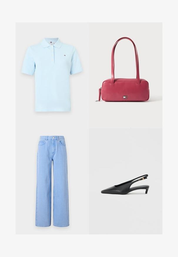 Polo de manga corta de color azul claro con cuello, cuatro botones blancos y pequeño logotipo rectangular en rojo, blanco y azul en el pecho izquierdo.; Vaqueros de corte amplio de color azul claro, fabricados en denim. Presentan una cintura ajustada con trabillas para el cinturón y bolsillos frontales, detalles en las costuras y un dobladillo limpio.; Zapatos de tacón estilo slingback negros con punta afilada, textura de cuero suave, un tacón bajo tipo kitten heel y una correa con un detalle de hebilla metálica.; Bolso de mano de cuero rosa con forma rectangular, asas dobles y un pequeño emblema metálico en el frente, con una textura lisa y brillante.