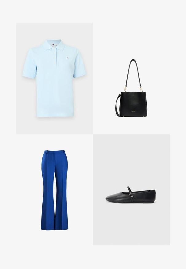 Polo de manga corta de color azul claro con cuello, cuatro botones blancos y pequeño logotipo rectangular en rojo, blanco y azul en el pecho izquierdo.; Pantalones azules acampanados hechos de tejido texturizado, con una cintura ajustada y detalle de plisado en la parte delantera, adecuados para ocasiones formales o informales.; Bailarinas de cuero negro con punta afilada, suela plana y una pequeña correa con detalle de hebilla plateada.; Bolso tote de cuero negro con asas largas y herrajes dorados, con un sutil logo "GINO ROSSI" en el centro frontal.