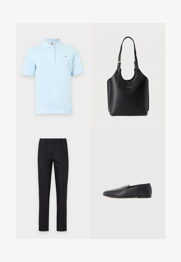 Polo de manga corta de color azul claro con cuello, cuatro botones blancos y pequeño logotipo rectangular en rojo, blanco y azul en el pecho izquierdo.; Pantalones negros ajustados con corte slim, parte delantera plana y dos bolsillos traseros. Confeccionados con un tejido suave y un detalle de costura sutil a lo largo de las costuras.; Mocasines de cuero negro con textura suave, punta redondeada y detalles de costura sutiles. Presentan un acento de logo dorado en el lateral superior.; Bolso tote negro hecho de material texturizado, con una apertura redonda recortada, doble asa para el hombro y detalles en hardware dorado.