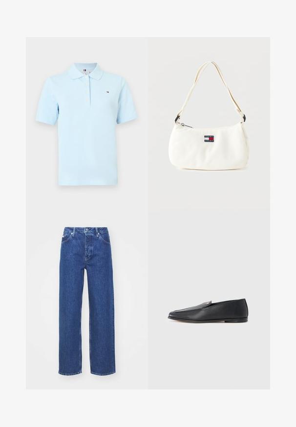 Lichtblauw poloshirt met korte mouwen en kraag, vier witte knopen en een klein rood-wit-blauw rechthoekig logo op de linkerborst.; Blauwe denim wijde benen jeans met een hoge taille, voorzien van een rits en knoopsluiting, riemlussen en subtiele vervagingdetails op de stof.; Zwarte leren loafers met een gladde textuur, een afgeronde neus en subtiele stiksel details. Voorzien van een gouden logomerk aan de bovenzijde.; Witte schoudertas met verstelbare riem en Tommy Jeans logo patch aan de voorkant, tegen een effen achtergrond.