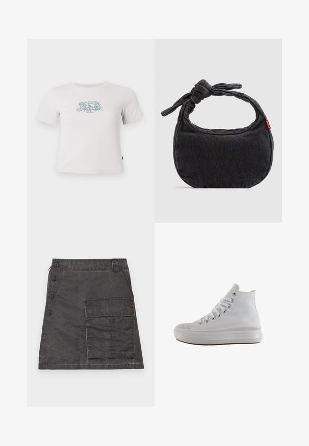Camiseta blanca de manga corta con coste ribeteado y un pequeño gráfico floral verde centrado en el pecho.; Falda gris hecha de tela texturizada con cierre de botones en la parte delantera y un bolsillo lateral. Presenta un sutil aspecto desgastado y detalles cosidos.; Zapatilla de lona blanca de caña alta con cordones blancos, ojales metálicos, suela gruesa de goma y puntera texturizada, mirando hacia la izquierda sobre un fondo blanco.; Bolso pequeño de hombro de mezclilla negra con correa anudada y cierre de cremallera, con una etiqueta de tela roja de Levi's en el lateral.