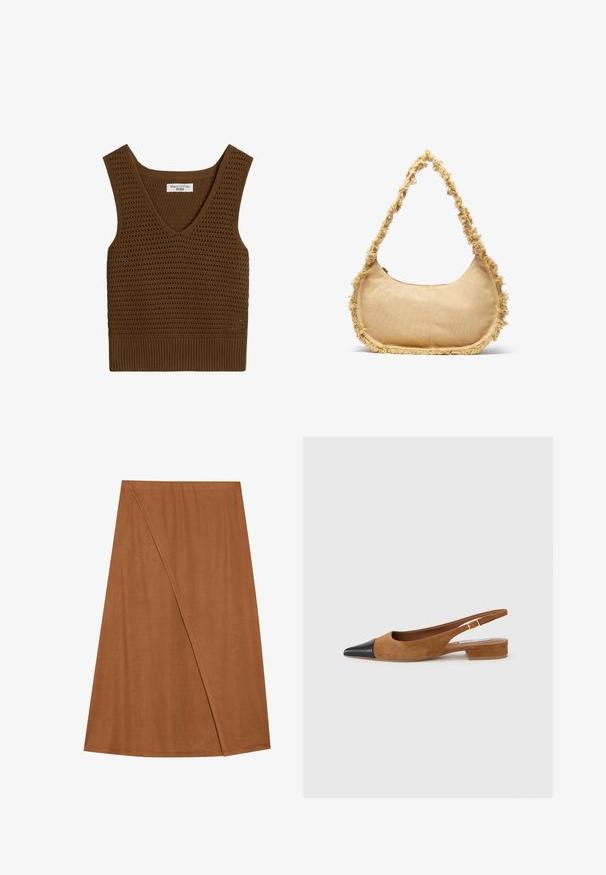 Top court marron en maille sans manches avec col en V, motif à maille ajourée et ourlet côtelé de Marc O'Polo Denim.; Jupe enroulée marron, mi-longue, en tissu doux. Caractérisée par un design asymétrique avec un détail de couture sur le côté et une texture lisse.; Chaussure slingback en daim marron avec un bout pointu noir, dotée d'un petit talon empilé et d'un côté ouvert pour la respirabilité.; Sac beige texturé de forme arrondie, avec un bord effiloché tout le long des bords et une courte sangle pour le porter. Ouverture zippée en haut.