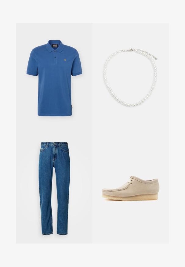 Blå kortærmet polo-shirt med to sorte knapper, lille gult broderet logo på venstre bryst og en foldet krave.; Blå lige ben denim jeans med fem lommer og frontlukning med knap på en hvid baggrund.; Beige ruskind snørestøvle med crepesål, mokasinstil syning og lav ankeludformning isoleret på en lys baggrund.; Hvid perlekæde med ensartet rund form, glat overflade og metalspænde med forlængerkæde for justerbar længde.
