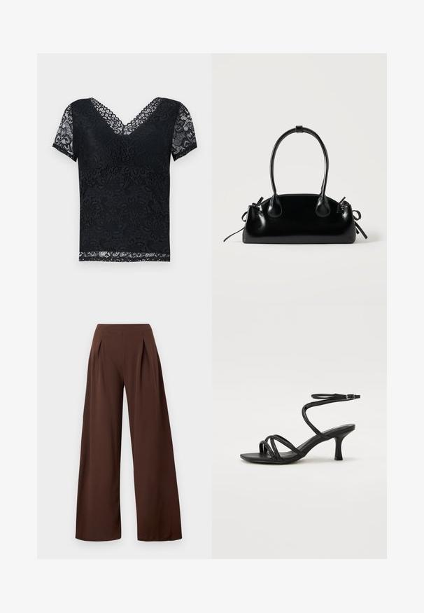Top de encaje negro con escote en V y mangas cortas. Presenta patrones florales y bordes de encaje con forma de ola. Tejido semitransparente en toda su extensión.; Pantalones de pierna ancha en tela marrón oscuro, con cintura alta, pliegues en la parte delantera y una textura suave. Adecuados para diversas ocasiones.; Even&Odd Wide Fit Sandalias - black; Pequeño bolso negro brillante con dos asas largas y detalles de cordón lateral sobre un fondo claro liso.