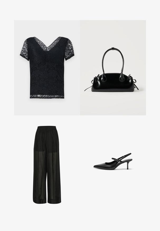 Schwarzes Spitzenoberteil mit V-Ausschnitt und kurzen Ärmeln. Verfügt über florale Muster und gewellte Spitzenkanten. Teilweise transparente Stoffqualität.; Schwarze weit geschnittene Hose aus transparentem Stoff, mit einem elastischen Bund und einem Kordelzug für eine verstellbare Passform und einer glatten Textur.; Schwarze Leder Slingback-Absätze mit einer spitzen Zehenform, schmalem verstellbarem Riemen und einem etwa 5 cm hohen Stiletto-Absatz, glatte Textur.; Kleine schwarze glänzende Handtasche mit zwei langen Griffen und seitlichen Kordelzug-Details vor einfachem hellem Hintergrund.