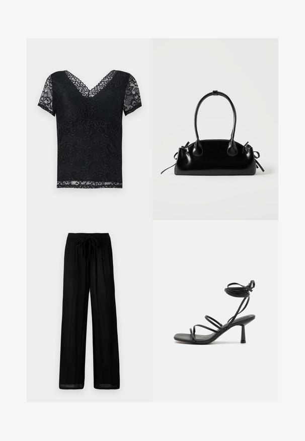 Top de encaje negro con escote en V y mangas cortas. Presenta patrones florales y bordes de encaje con forma de ola. Tejido semitransparente en toda su extensión.; Pantalones negros de pierna ancha con una tela texturizada, que presentan una cintura atada y un corte relajado. El dobladillo es ligeramente transparente con una silueta recta.; Sandalia negra de tiras con punta cuadrada, lazos ajustables en el tobillo y un tacón bloque delgado. Fabricada con un material suave y duradero.; Pequeño bolso negro brillante con dos asas largas y detalles de cordón lateral sobre un fondo claro liso.