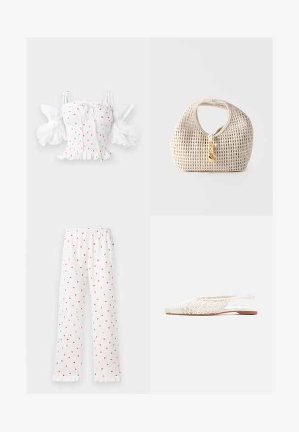 Hvid smocked top med små røde blomsterprint, justerbare spaghetti-stropper og puffede ærmer med en flæset kant.; Hvide pyjamasbukser med små røde jordbærprint, elastisk talje og flæsekant. Materialet virker blødt og let.; Flad hvid fletlædersko med slingback, spids tå og lav brun sål på neutral baggrund.; Kremfarvet vævet håndtaske med rund form, kort håndtag og dekorativ guldfarvet lås hængende foran i midten.
