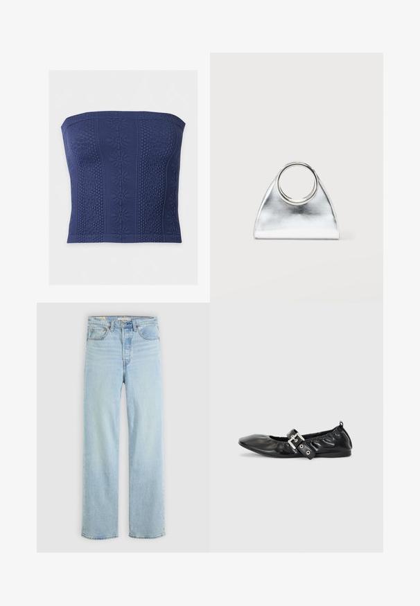 Dunkelblaues trägerloses Top mit einem strukturierten floralen und wabenförmigen Strickmuster, versehen mit vertikalen dekorativen Streifen.; Hellblaue Jeans aus Denim mit geradem Bein, ausgestattet mit fünf Taschen, einem klassischen Reißverschluss und sichtbaren Nähthighlights.; Schwarze Leder-Ballerinas mit spitzem Zehenbereich, gerafften Details am Schaft und einem silbernen Schnallenakzent am verstellbaren Riemen.; Silberne metallische dreieckige Handtasche mit rundem Metallgriff, vor einem schlichten weißen Hintergrund platziert.