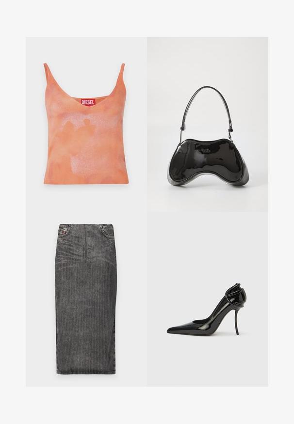 Orange geripptes Tanktop mit V-Ausschnitt und dünnen Trägern. Besitzt ein dezent verblasstes Muster und ein rotes Etikett mit dem Markennamen "DIESEL."; Grauer Denim-Midi-Rock mit vertikalen Nadelstreifen, hoher Taillenbund, Fünf-Taschen-Design und einem sauberen Saum.; Schwarzer High-Heel-Schuh aus Lackleder mit spitzer Zehenpartie und offenem Fersenbereich. Verfügt über ein einzigartiges, geschwungenes Detail an der Ferse. Glatte und glänzende Oberfläche.; Schwarze Handtasche aus lackiertem Leder mit einer einzigartigen, geschwungenen Form, kurzem verstellbarem Griff und einem Reißverschluss oben. Glatte Textur mit dezentem Branding.